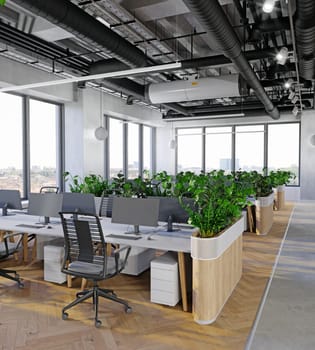 modern office interior with plants. 3d rendering