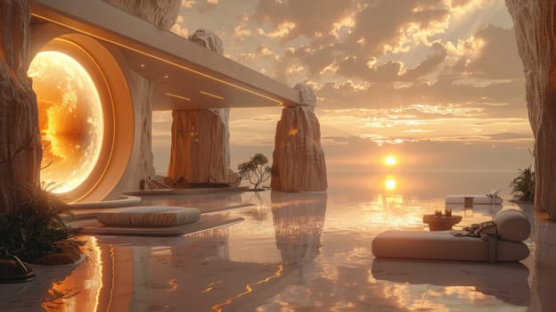 Virtual reality glasses displaying a room overlooking the ocean during sunset.