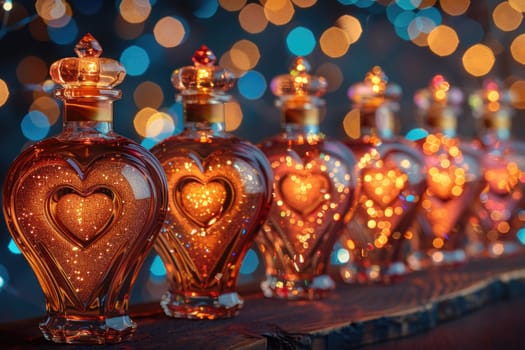 A collection of perfume bottles lined up, each decorated with heart-shaped designs, giving off a magical and loving vibe.
