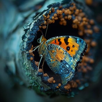 A butterfly emerging from its chrysalis, the first flutter of wings