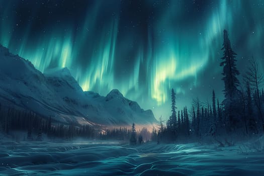 The Aurora Borealis swirling above a silent forest, trees dusted with snow