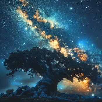 The silent wisdom of an ancient tree, branches reaching for the stars