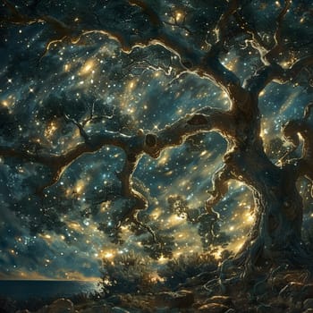 The silent wisdom of an ancient tree, branches reaching for the stars