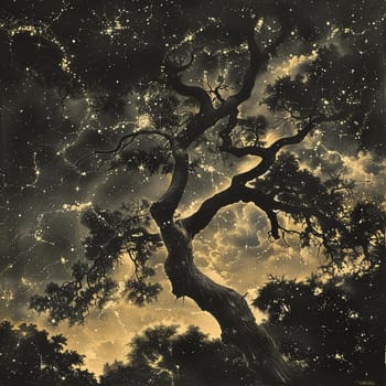 The silent wisdom of an ancient tree, branches reaching for the stars