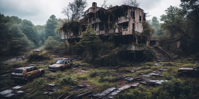 Nature's Takeover. Post-apocalyptic setting where nature prevails, with trees growing through broken concrete, wildlife thriving in abandoned structures, and a sense of harmony between man-made structures and the natural world.