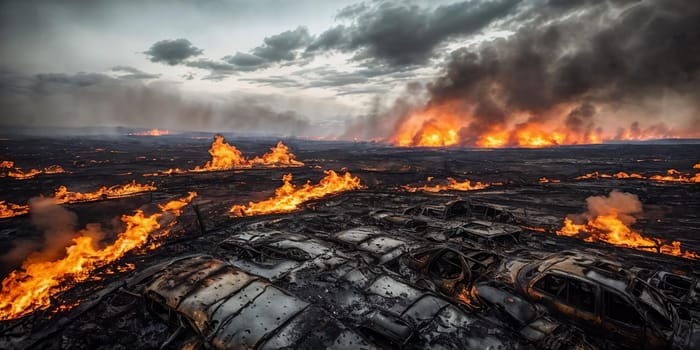 Devastated Landscapes. Disaster with scorched earth, smoldering wreckage, and a bleak atmosphere that conveys the destruction that occurred.