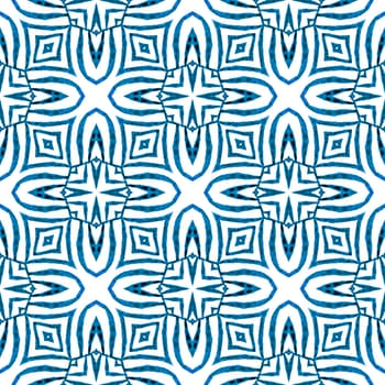 Textile ready unusual print, swimwear fabric, wallpaper, wrapping. Blue optimal boho chic summer design. Watercolor ikat repeating tile border. Ikat repeating swimwear design.