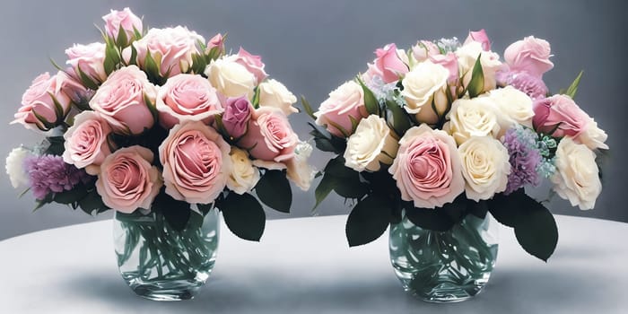 Romantic floral arrangement using soft pastel-colored roses. Dreamy effect and a touch of sophistication in composition. Panorama