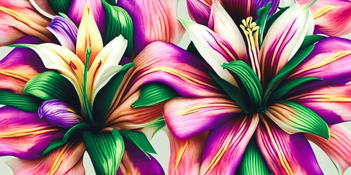 Beauty of symmetry by arranging an assortment of vibrant lilies in a geometric pattern. Panorama