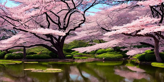 Tranquility of a serene botanical garden filled with blooming cherry blossoms. Panorama