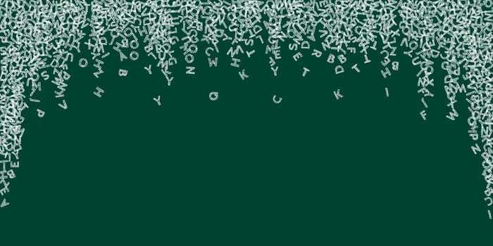 Falling letters of English language. Chalk sketch flying words of Latin alphabet. Foreign languages study concept. Lively back to school banner on blackboard background.