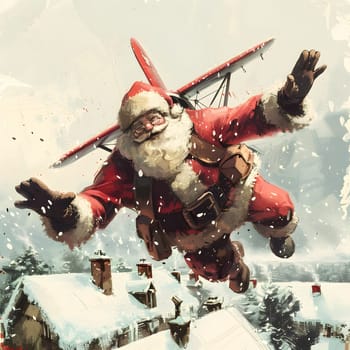 An illustration of a fictional character, Santa Claus, flying through the sky wearing a helmet, performing a gesture in the snow. This art represents a recreation of an extreme sport event