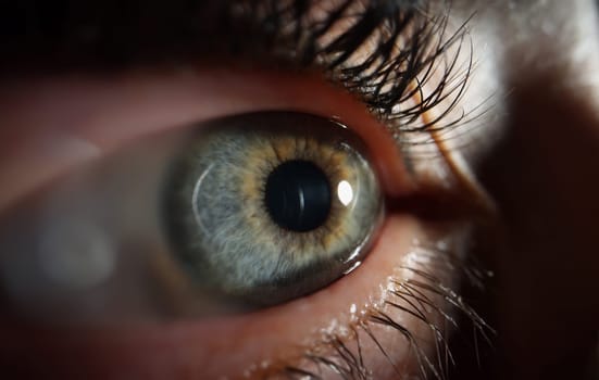 Female eye with black painted eyelashes closeup. Laser vision correction concept