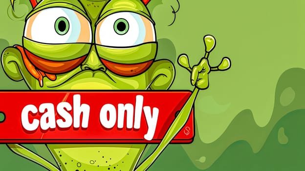 Vibrant cartoon illustration of a green frog with glasses holding a red 'cash only' sign