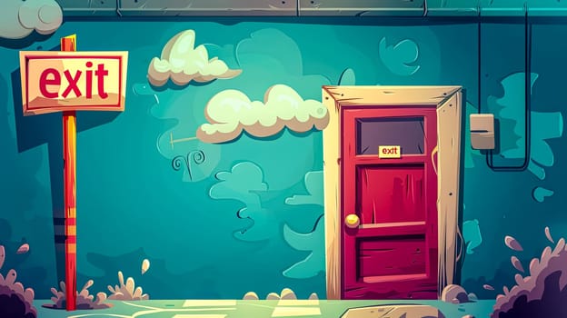 Colorful illustration of a stylized exit door with sign in a whimsical setting