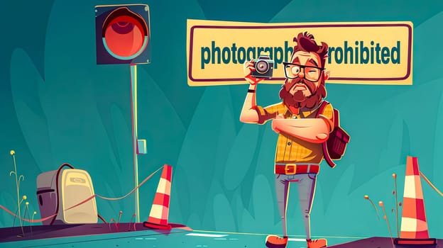 Cartoon of a man with a camera standing in front of a photography prohibited sign, appearing rebellious