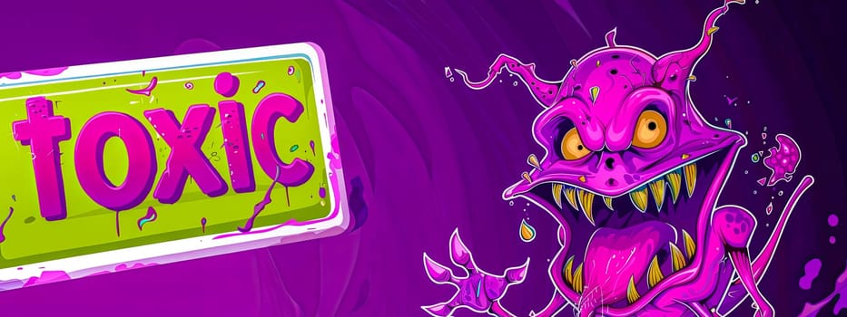 Colorful illustration of a cartoon monster with a toxic sign on a purple splash background