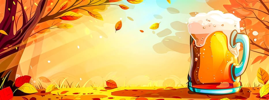 Colorful autumn beer celebration banner with frothy mug illustration. Festive seasonal design. And warm nature-inspired tones on a background of golden. Yellow. Orange