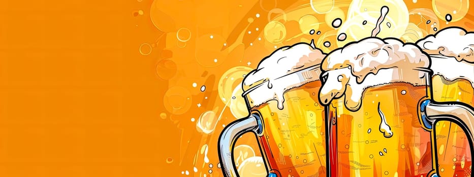 Artistic illustration of clinking beer mugs with a lively orange background
