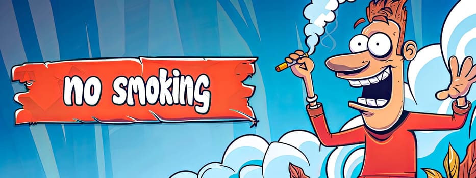 Comical cartoon with a quirky man smoking next to a no smoking sign, promoting anti-smoking message