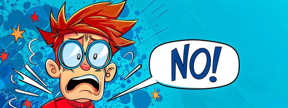 Colorful illustration of a young cartoon boy with a shocked expression and a speech bubble saying no!