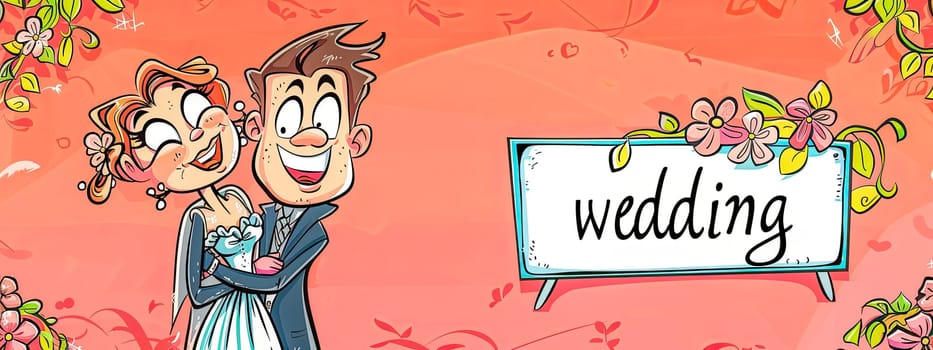 Cute animated couple on a vibrant wedding-themed banner with floral decoration