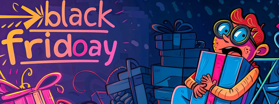 Cartoon of a shopper clutching boxes during a black friday sale against a vibrant backdrop