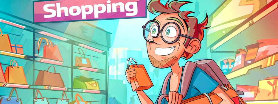 Cheerful male cartoon character enjoys shopping with colorful store backgrounds