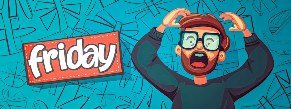 Cheerful cartoon character celebrating with 'friday' sign on a vibrant background