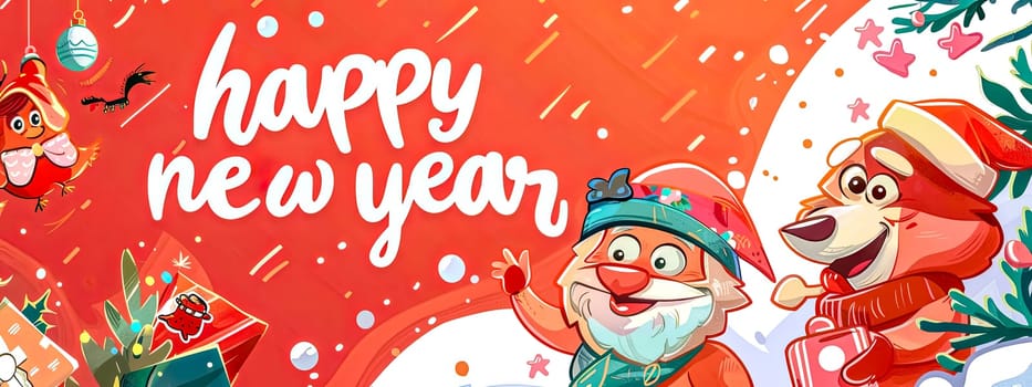 Vibrant happy new year banner featuring cheerful cartoon characters in a festive setting