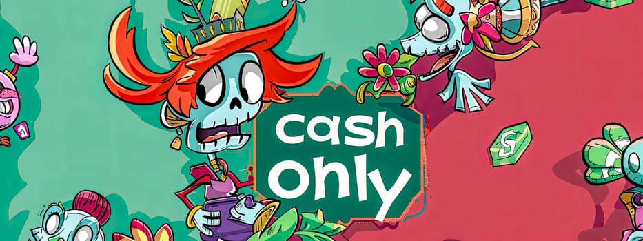 Illustration of whimsical cartoon characters on a cash-themed background, with a 'cash only' sign