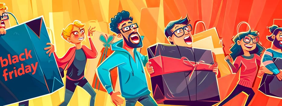 Animated image of a diverse group of people eagerly shopping during a black friday sale