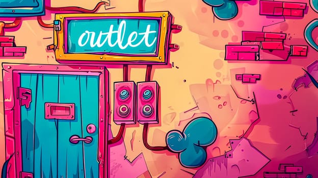 Colorful illustrated scene featuring an electric outlet sign, plugs, and a whimsical mouse hole