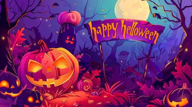 Colorful, spooky halloween scenery with jack-o'-lanterns, eerie forest backdrop, and festive banner
