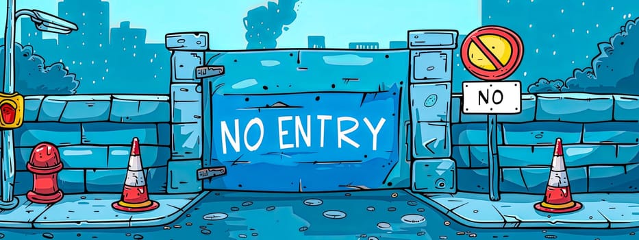 Vibrant cartoon illustration showcasing a no entry sign in an urban construction area