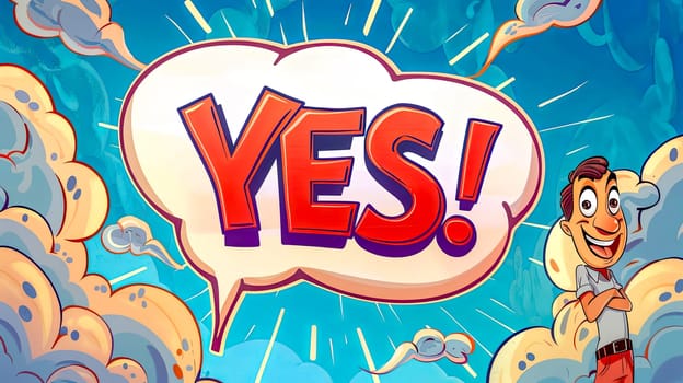 Colorful illustration of a happy cartoon man celebrating a success with a vibrant 'yes!' speech bubble