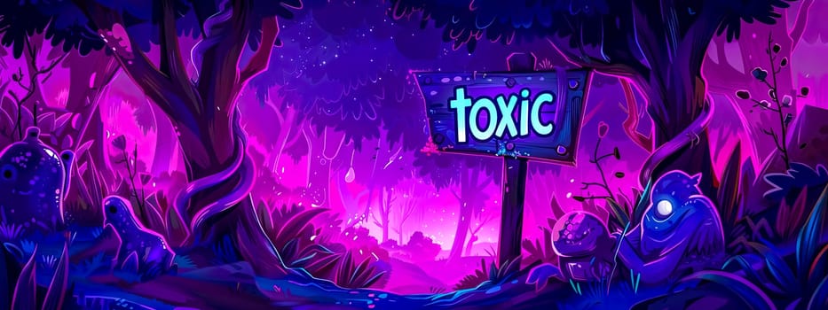 Vibrant illustration of a mystical forest with a toxic sign, under a starry night sky