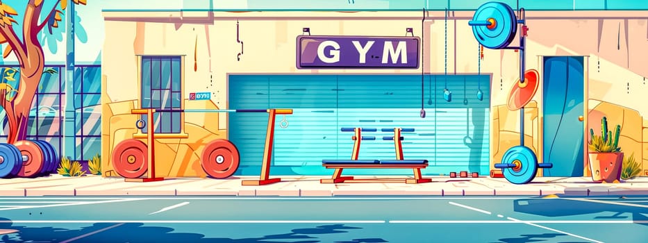 Vibrant digital illustration of a street-facing gym front, complete with weightlifting gear