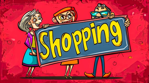 Three animated characters joyfully presenting a bold 'shopping' sign, on a vibrant red background