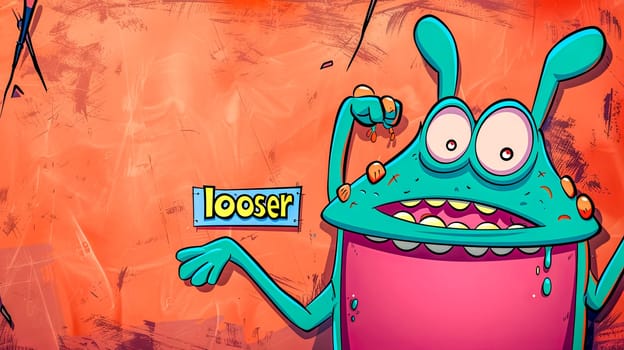 Colorful cartoon monster with quirky expression holding a sign that reads looser on a vibrant background