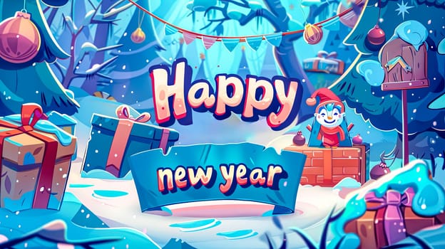 Vibrant illustration of a cheerful character enjoying new year's festivities in a snowy landscape