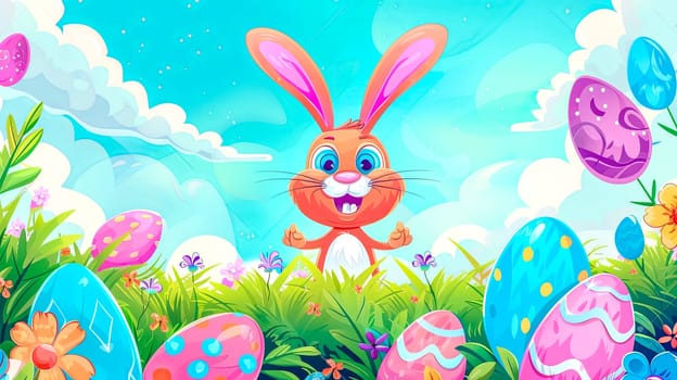 Vibrant illustration of a cheerful easter bunny with decorated eggs amidst a floral spring scene