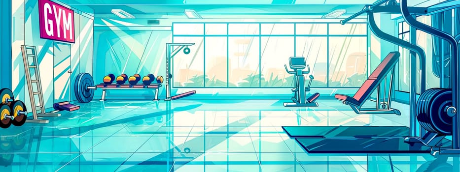 Panoramic illustration of an empty, brightly-lit gym with various workout stations
