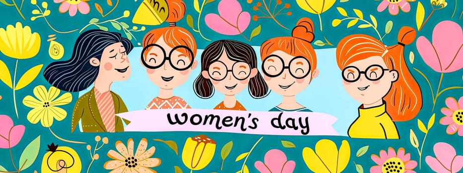 Colorful animated image celebrating women's day with a group of diverse, happy women