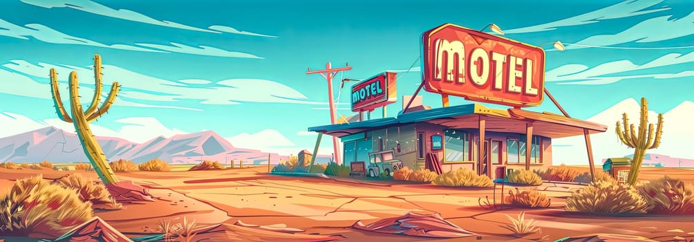 Vintage retro desert motel illustration with colorful stylized artwork of a sunny, arid landscape, featuring cactus, mountains, and a nostalgic americana roadside scene in the southwestern usa