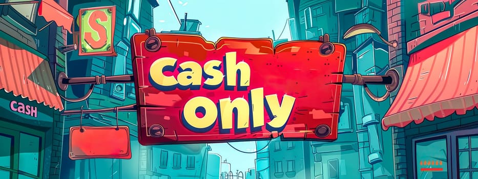 Brightly illustrated sign with 'cash only' text in a vibrant comic-style urban setting