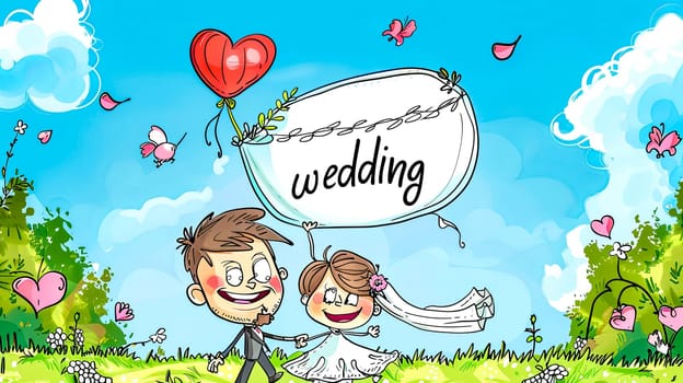 Cute animated couple celebrating wedding with a heart balloon in a joyful meadow scene