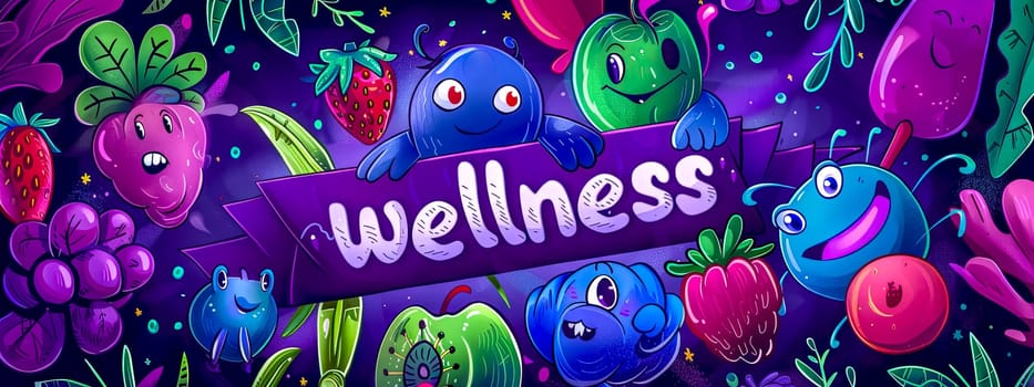 Colorful illustration of smiling fruit characters promoting wellness on a vibrant background