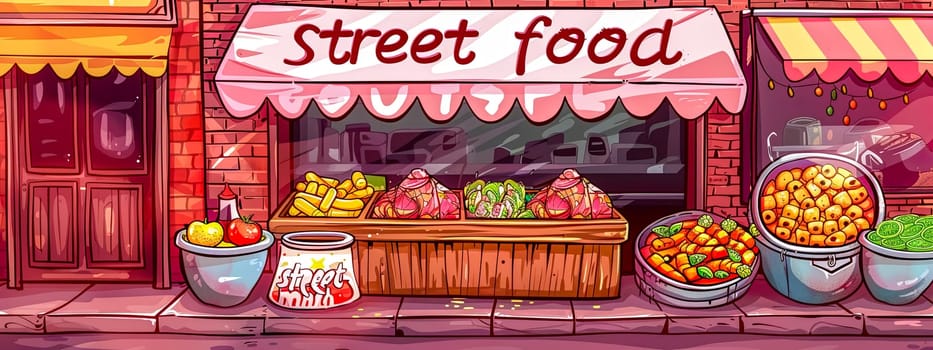 Vibrant illustration of a street food stall with a variety of dishes on display