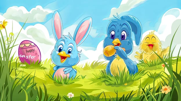 Vibrant illustration of cute animals enjoying easter with a festive egg and playful atmosphere